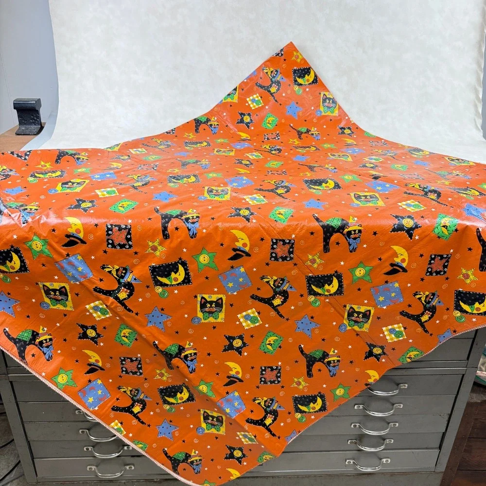 Halloween Vinyl/Flannel Backed Tablecloth Orange Black Cat Moon Stars 86